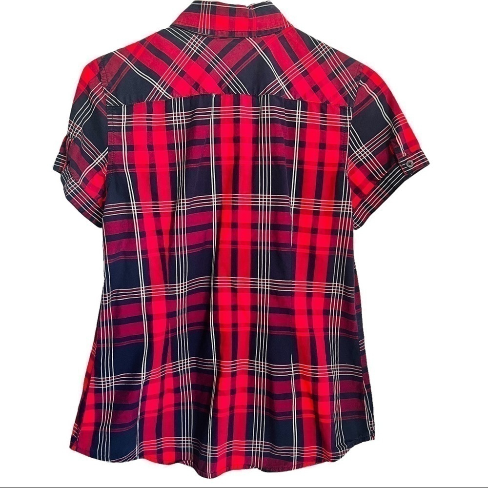 Tommy Hilfiger Plaid Button Up Collared Shirt Red and Navy Short Puffed Sleeve S - Picture 6 of 10